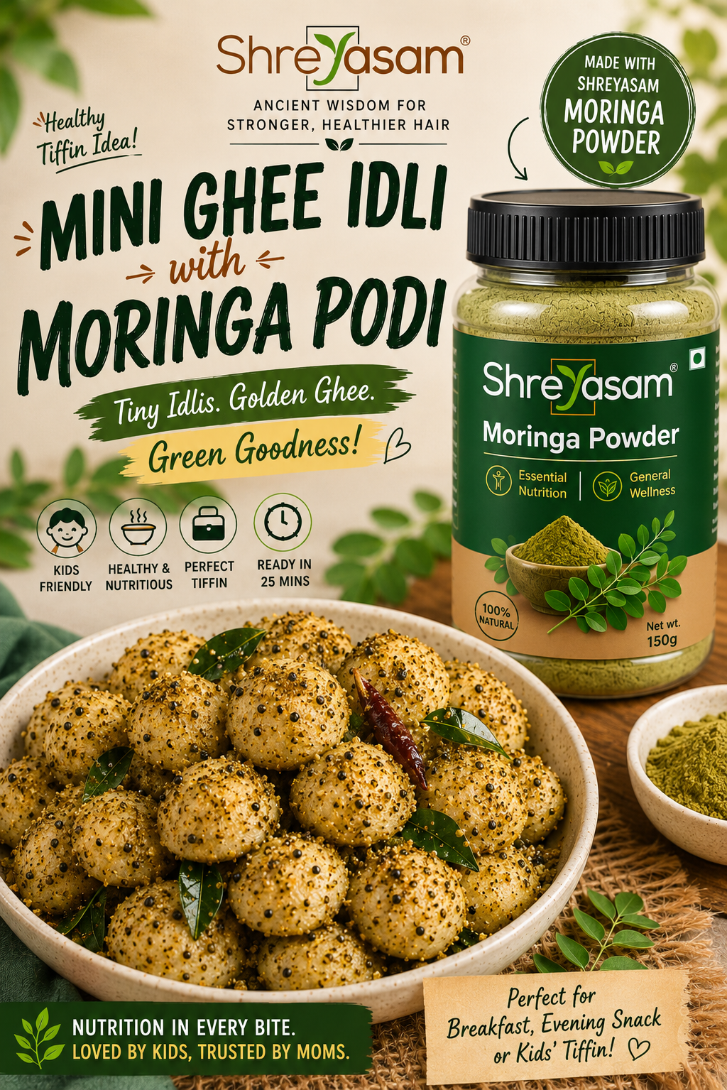 Mini Ghee Idli tossed in moringa podi made with Shreyasam Pure Moringa Powder and toxin free Moringa Powder served as a healthy breakfast