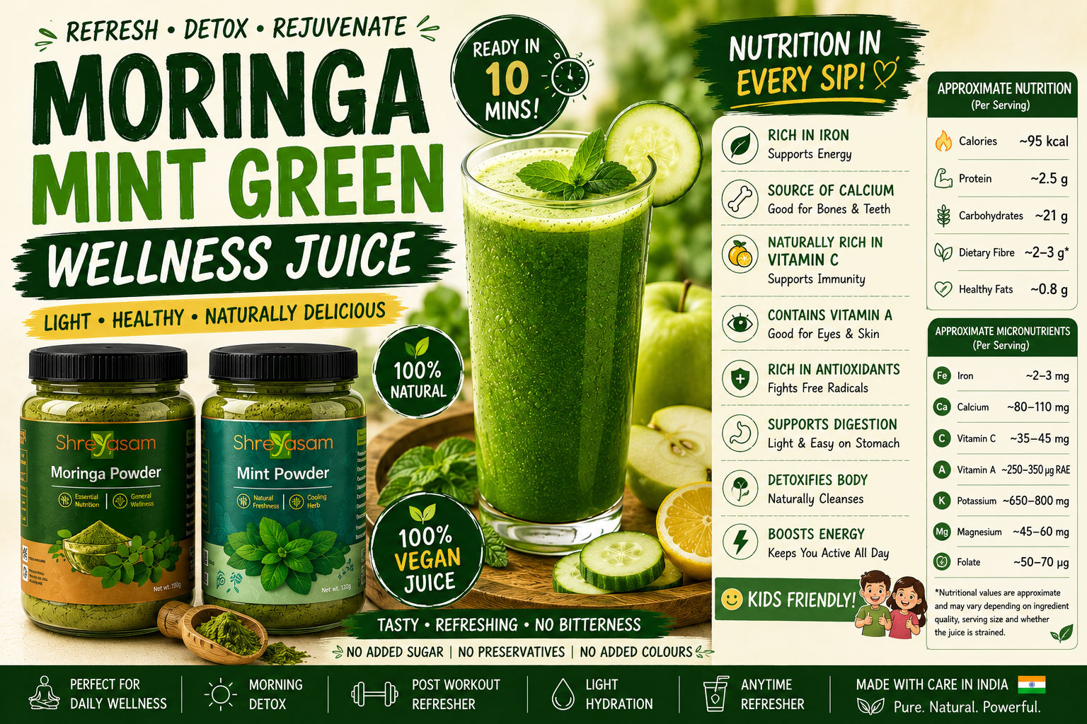 Moringa Mint Green Wellness Juice Recipe - Iron, Calcium, Vitamin C and More (Kids Friendly)
