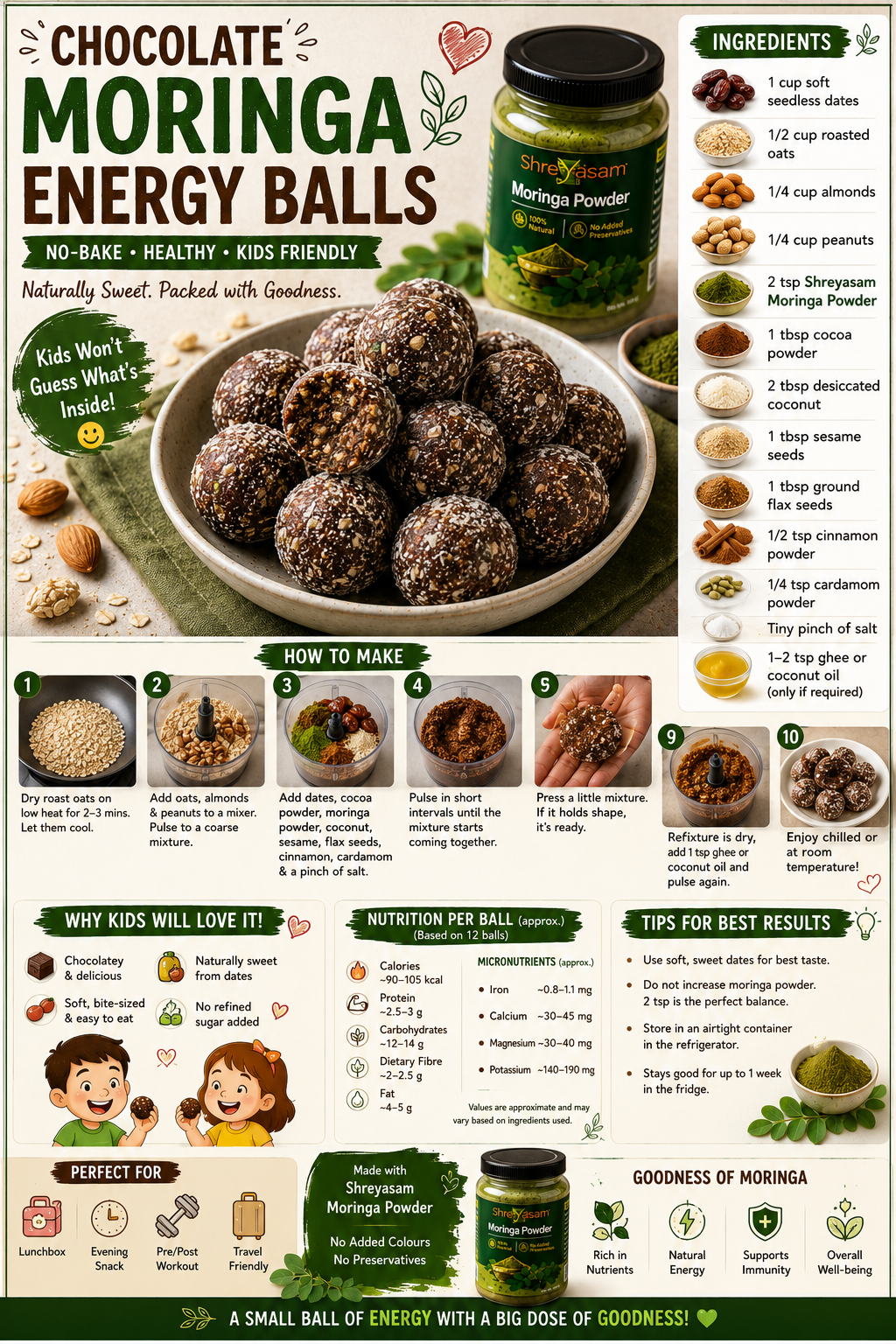 Chocolate Moringa Energy Balls made with Shreyasam Moringa Powder, dates, oats, cocoa and nuts – a no-bake kids-friendly snack.