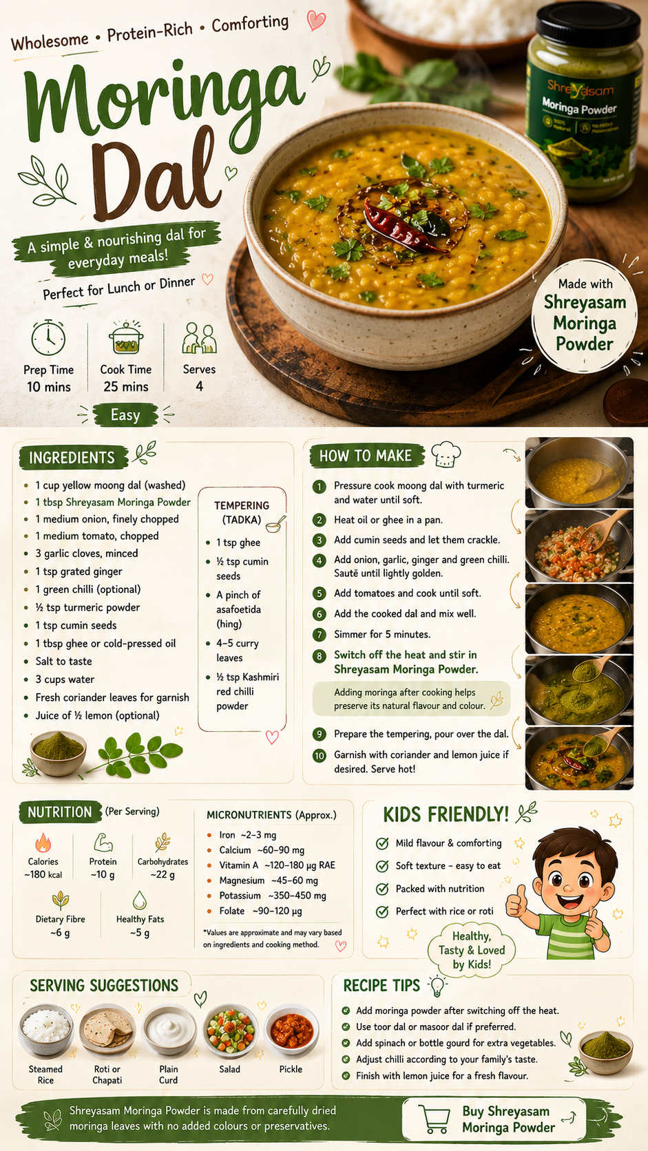 Healthy Moringa Dal recipe made with Shreyasam Moringa Powder, yellow moong dal and Indian spices served with rice.