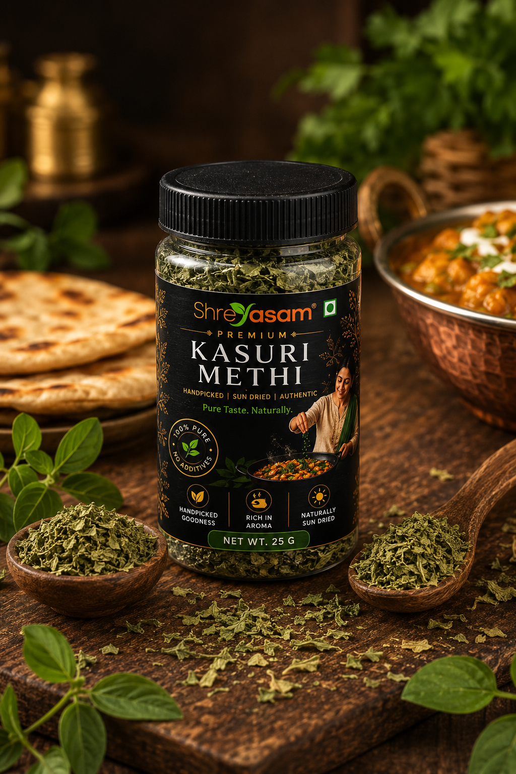 Shreyasam Premium Kasuri Methi | 100% Natural Dried Fenugreek Leaves | Rich Aroma & Authentic Taste