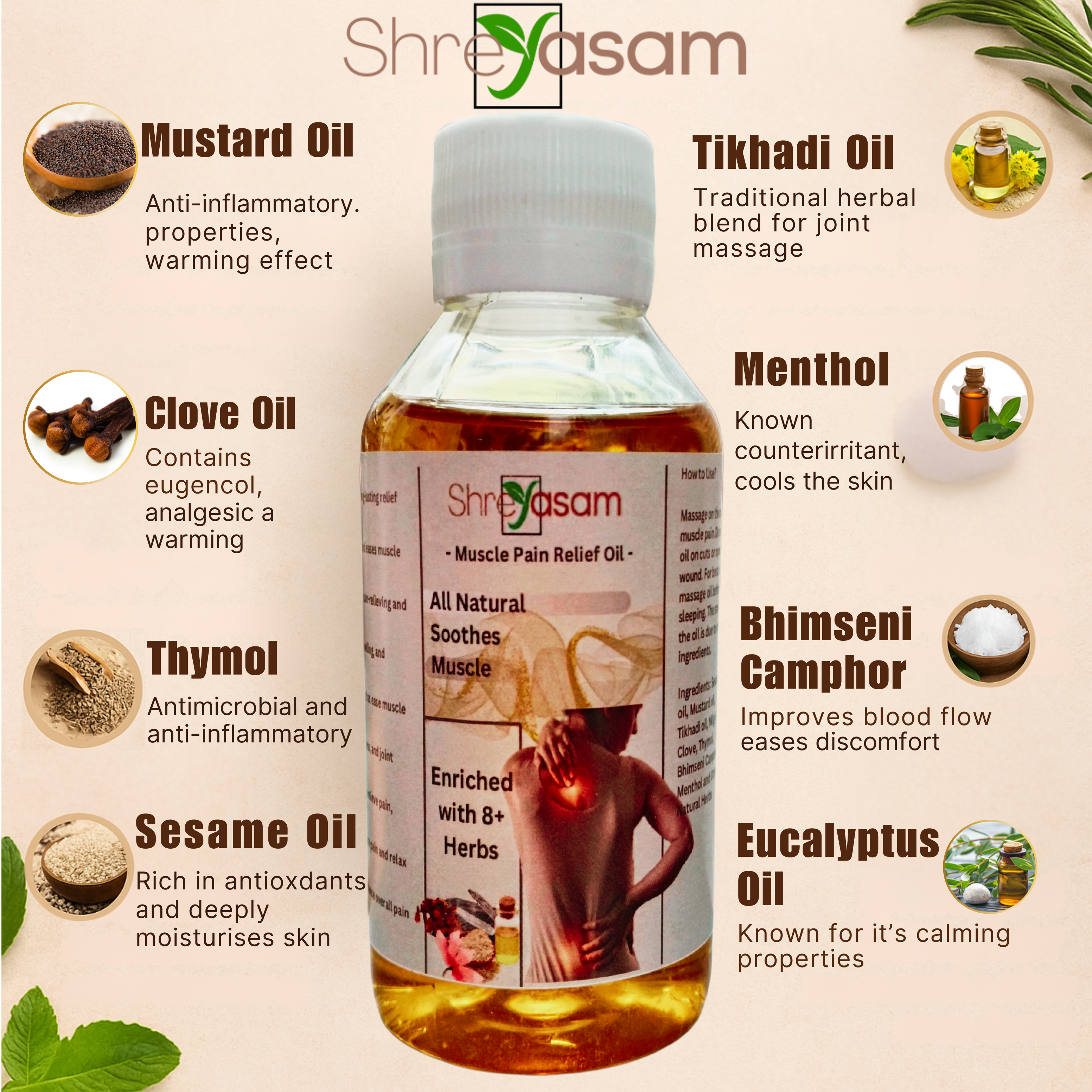 Shreyasam Pain Oil with natural ingredients like camphor, eucalyptus, clove and sesame oil