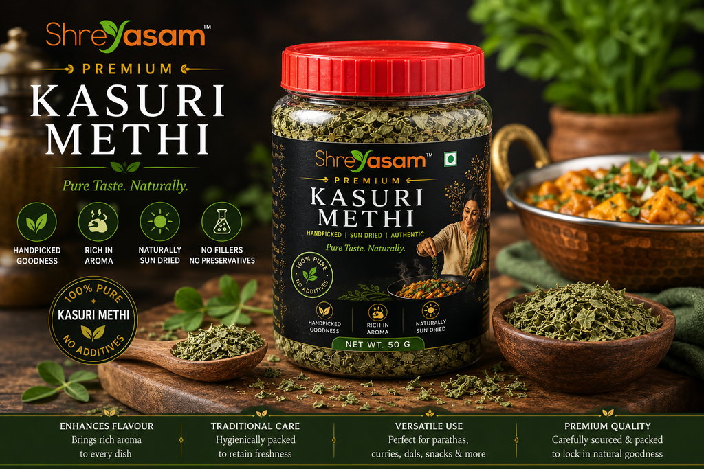 Shreyasam Premium Kasuri Methi | 100% Natural Dried Fenugreek Leaves | Rich Aroma & Authentic Taste